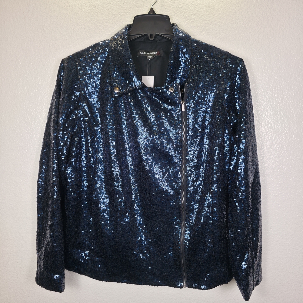 Colleen Lopez Women's Luxe Sequin Moto Jacket Blue Size 1X